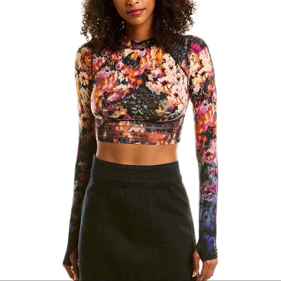 [Free People] Floral Mesh Paneled Crop Top - Picture 2 of 6